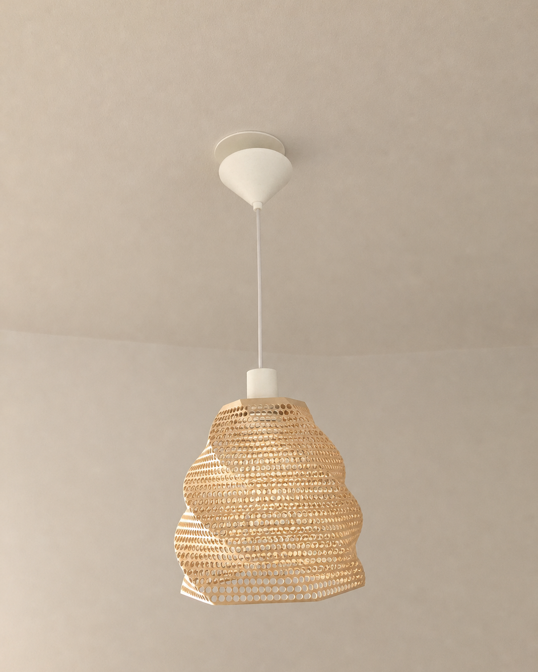 Abat-jour Perforé Chêne Blanc Suspension – Impression 3D – Jeux de Lumière Géométriques