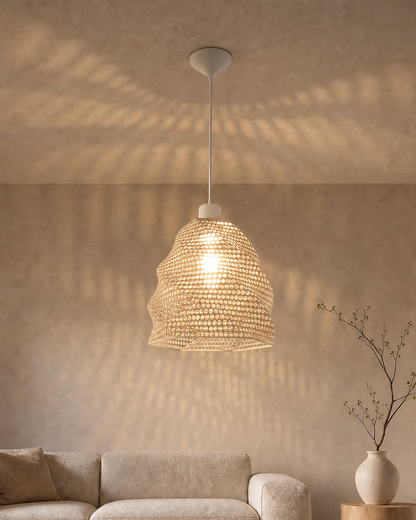 Abat-jour Perforé Chêne Blanc Suspension – Impression 3D – Jeux de Lumière Géométriques