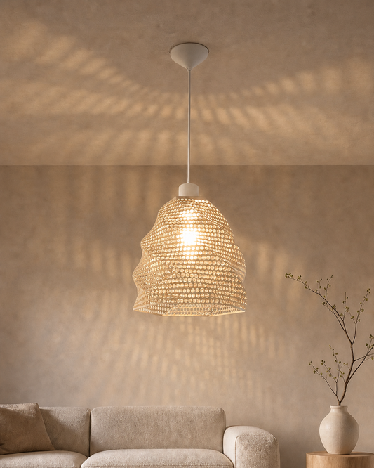 Abat-jour Perforé Chêne Blanc Suspension – Impression 3D – Jeux de Lumière Géométriques