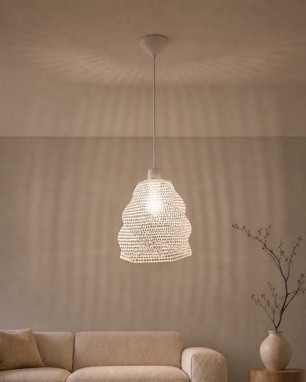Abat-jour Perforé Blanc Suspension – Impression 3D – Jeux de Lumière Géométriques